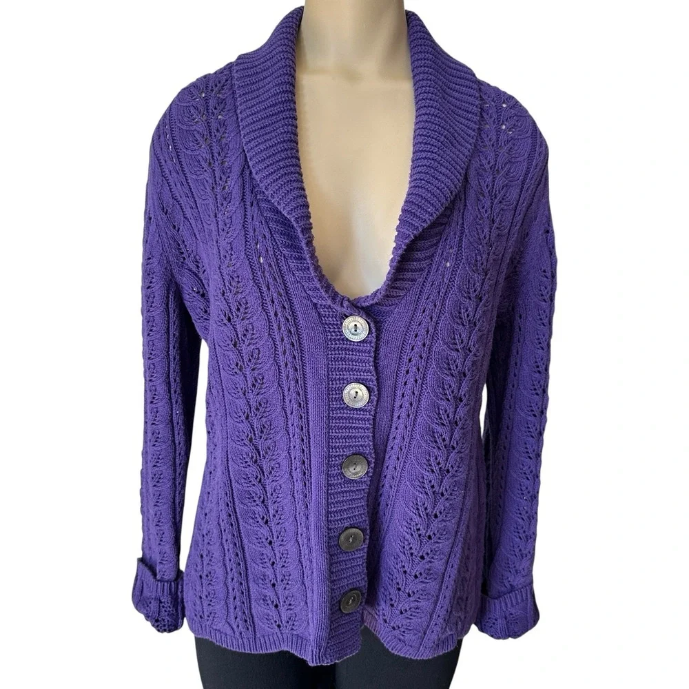 J Jill Knit Sweater Cardigan Medium Cable‎ Pointelle Purple Cotton Blend Chunky - Picture 5 of 12